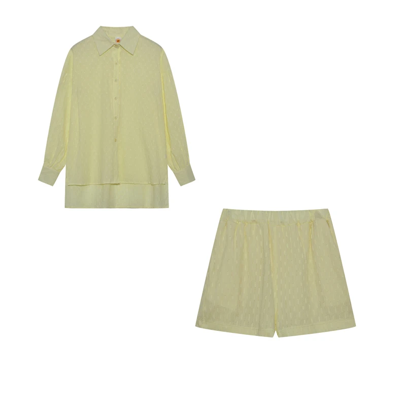 2026 Fashion Trend Plain Color Jacquard Bubble Sleeve Shirt with Shorts Commuter Casual Suit for Women