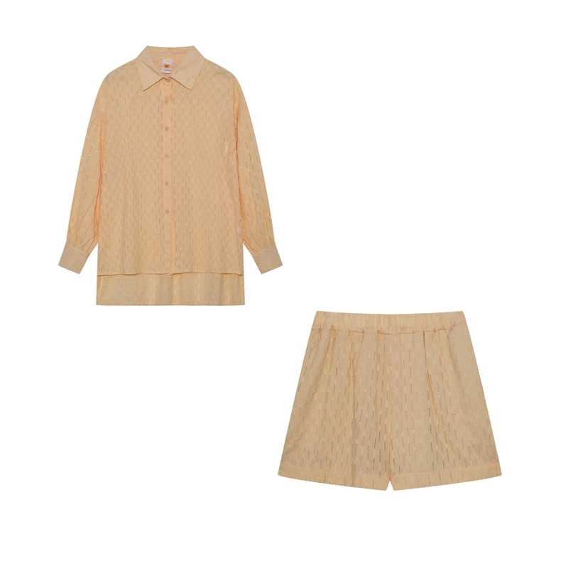 2026 Fashion Trend Plain Color Jacquard Bubble Sleeve Shirt with Shorts Commuter Casual Suit for Women