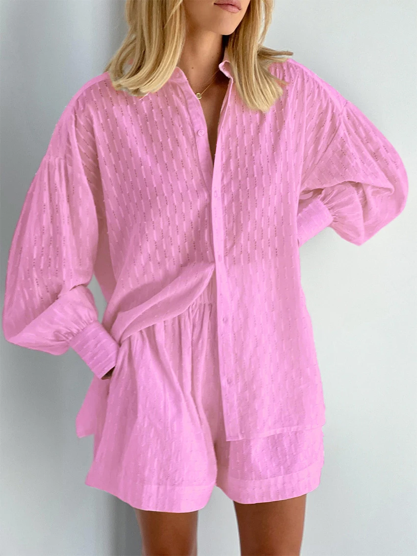 2026 Fashion Trend Plain Color Jacquard Bubble Sleeve Shirt with Shorts Commuter Casual Suit for Women