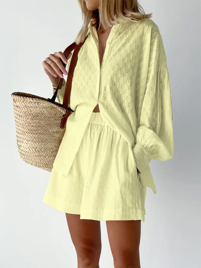 2026 Fashion Trend Plain Color Jacquard Bubble Sleeve Shirt with Shorts Commuter Casual Suit for Women