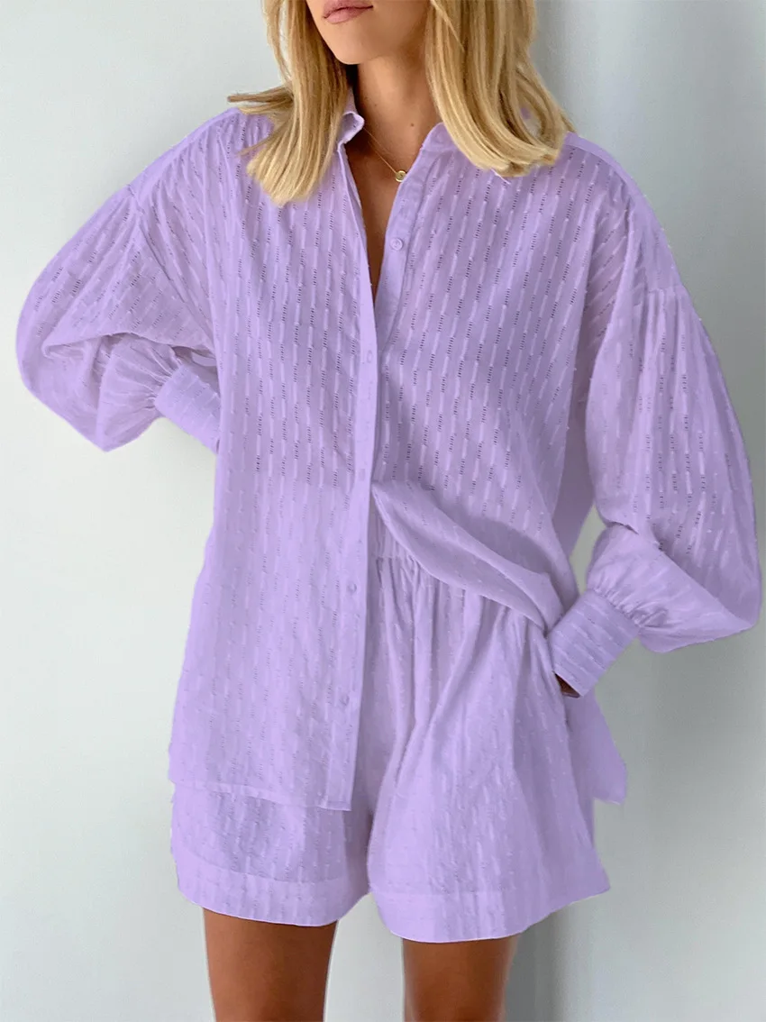 2026 Fashion Trend Plain Color Jacquard Bubble Sleeve Shirt with Shorts Commuter Casual Suit for Women
