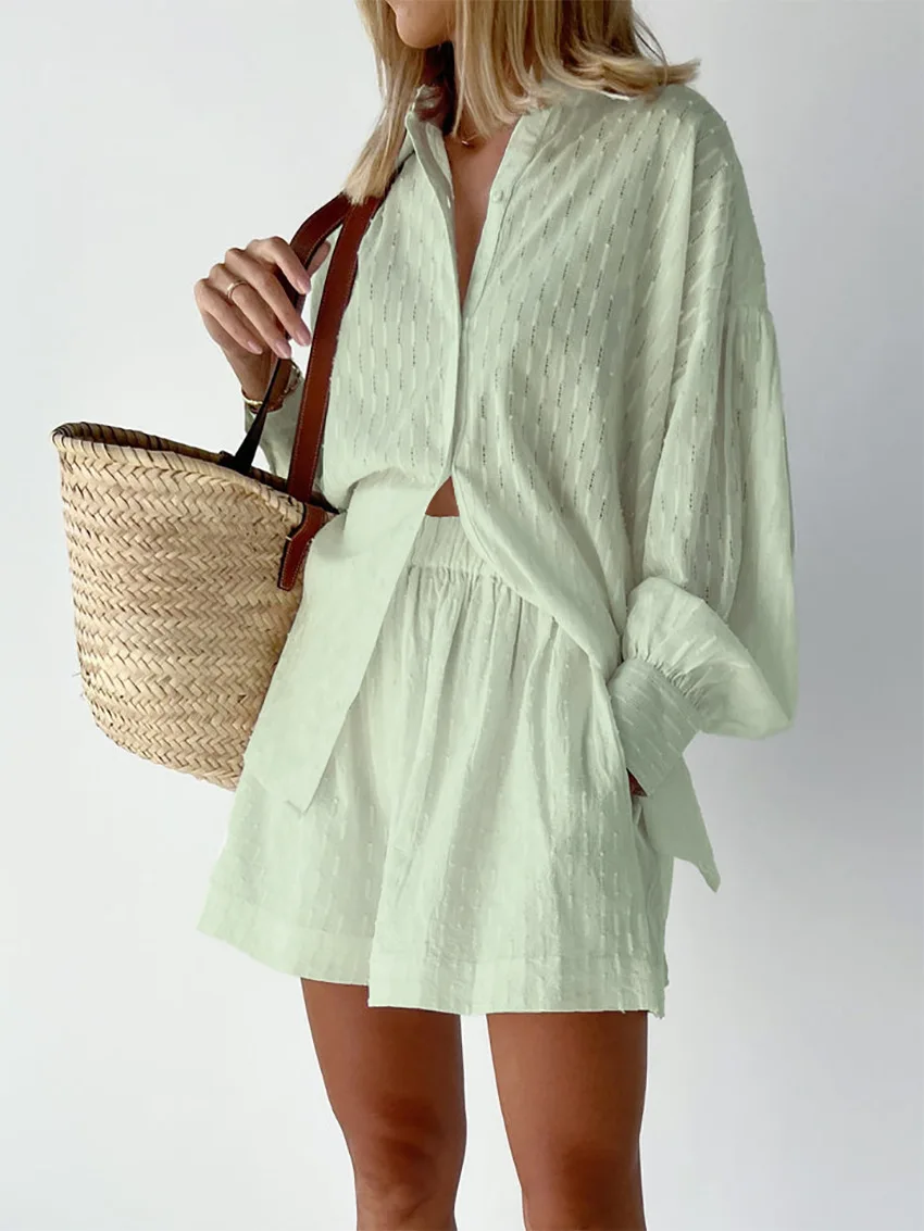 2026 Fashion Trend Plain Color Jacquard Bubble Sleeve Shirt with Shorts Commuter Casual Suit for Women