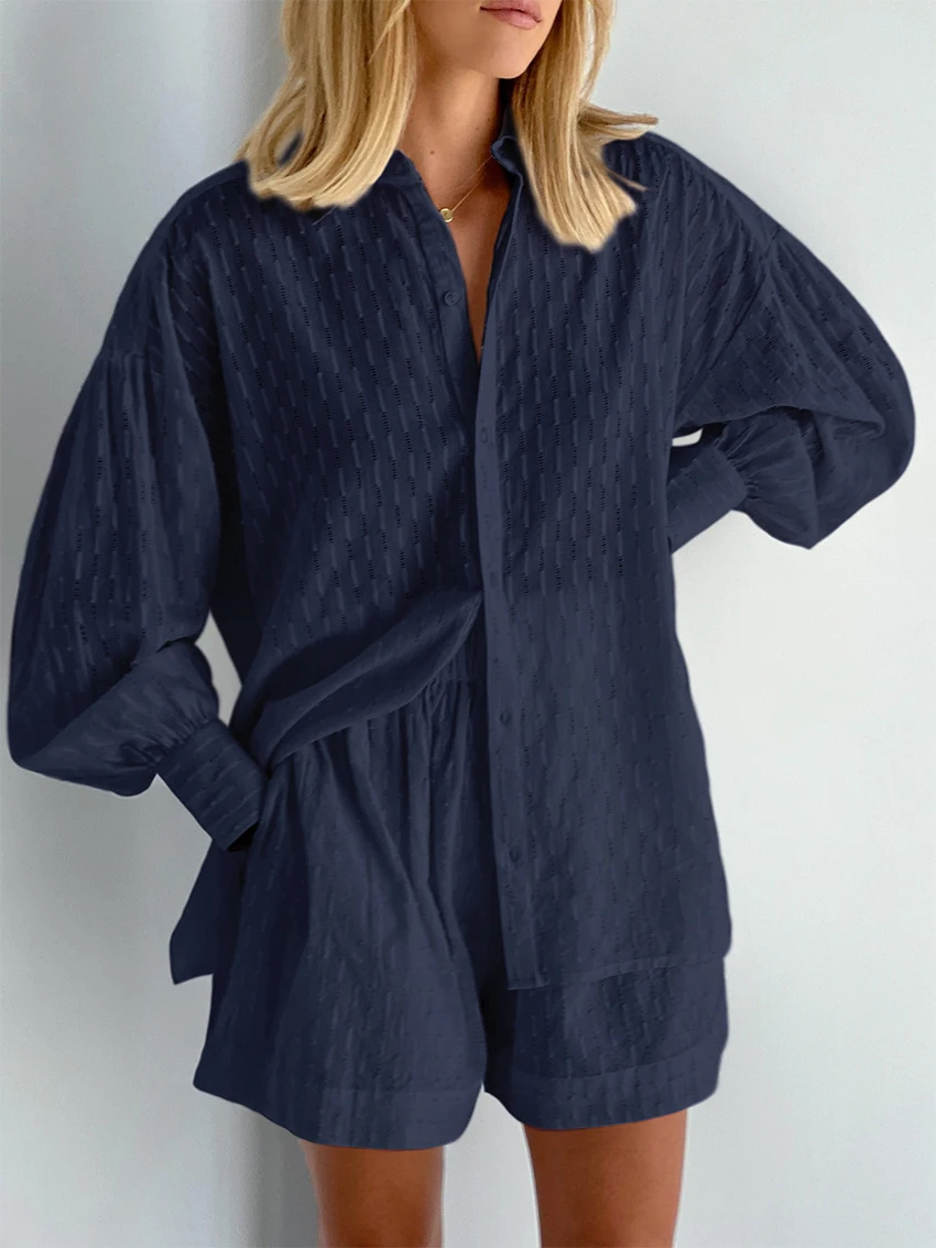 2026 Fashion Trend Plain Color Jacquard Bubble Sleeve Shirt with Shorts Commuter Casual Suit for Women