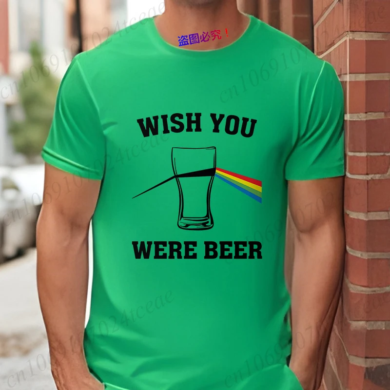 Men's Funny T-Shirt 'Wish You Were Beer', Rainbow Prism Beer Glass Print Tee, Summer Short Sleeve Y2k Tops for Drinking Party