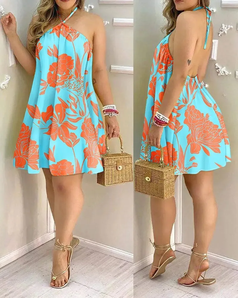 Women's 2026 Summer Off-Shoulder Tie-Up Dress – Loose Fit Print Maxi Dress, Sexy Vacation Beach Dress