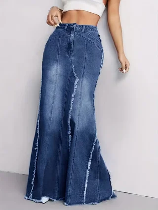 Women's High Waist Stretch Denim Skirt Slim Fit Frayed Hem Casual Fashion Bodycon Skirt
