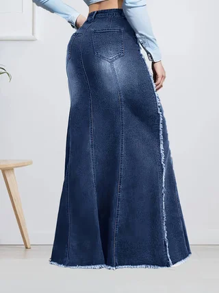 Women's High Waist Stretch Denim Skirt Slim Fit Frayed Hem Casual Fashion Bodycon Skirt