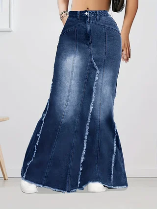 Women's High Waist Stretch Denim Skirt Slim Fit Frayed Hem Casual Fashion Bodycon Skirt