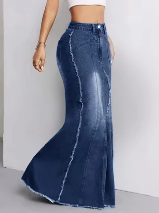 Women's High Waist Stretch Denim Skirt Slim Fit Frayed Hem Casual Fashion Bodycon Skirt
