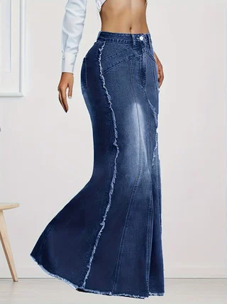 Women's High Waist Stretch Denim Skirt Slim Fit Frayed Hem Casual Fashion Bodycon Skirt