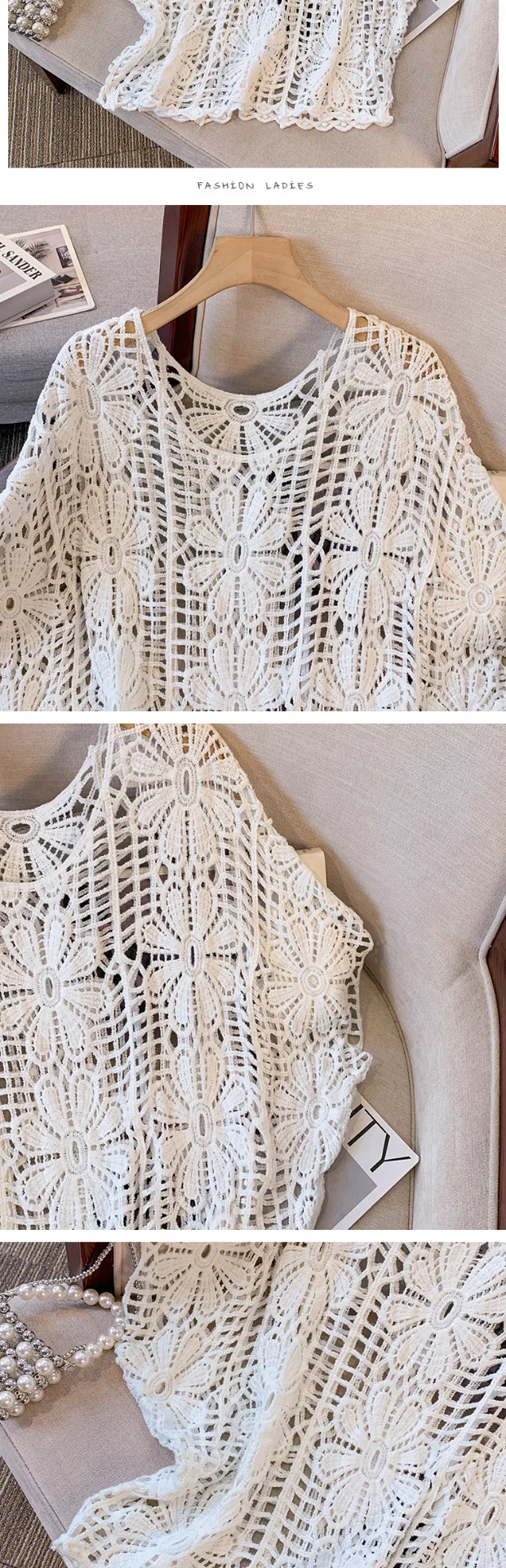 Daisy Crochet Lace Top Batwing Sleeve Hollow-out Floral Openwork Knit Blouse Women Beach Cover-up Spring Summer 2026 Boho