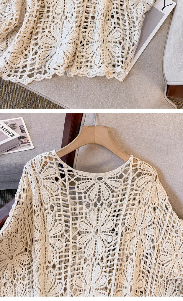 Daisy Crochet Lace Top Batwing Sleeve Hollow-out Floral Openwork Knit Blouse Women Beach Cover-up Spring Summer 2026 Boho