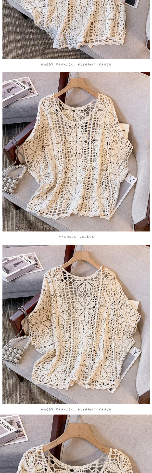 Daisy Crochet Lace Top Batwing Sleeve Hollow-out Floral Openwork Knit Blouse Women Beach Cover-up Spring Summer 2026 Boho