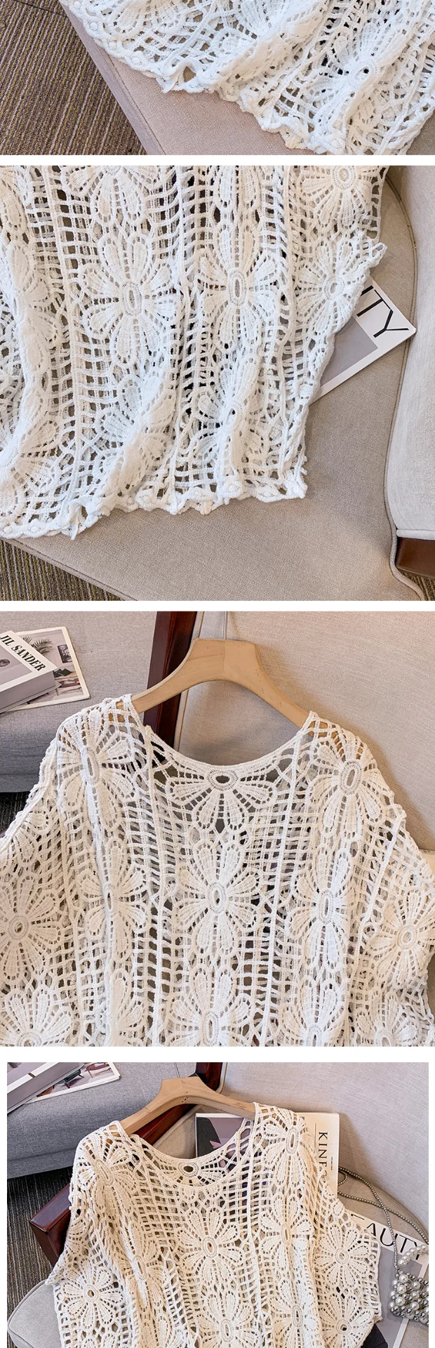 Daisy Crochet Lace Top Batwing Sleeve Hollow-out Floral Openwork Knit Blouse Women Beach Cover-up Spring Summer 2026 Boho