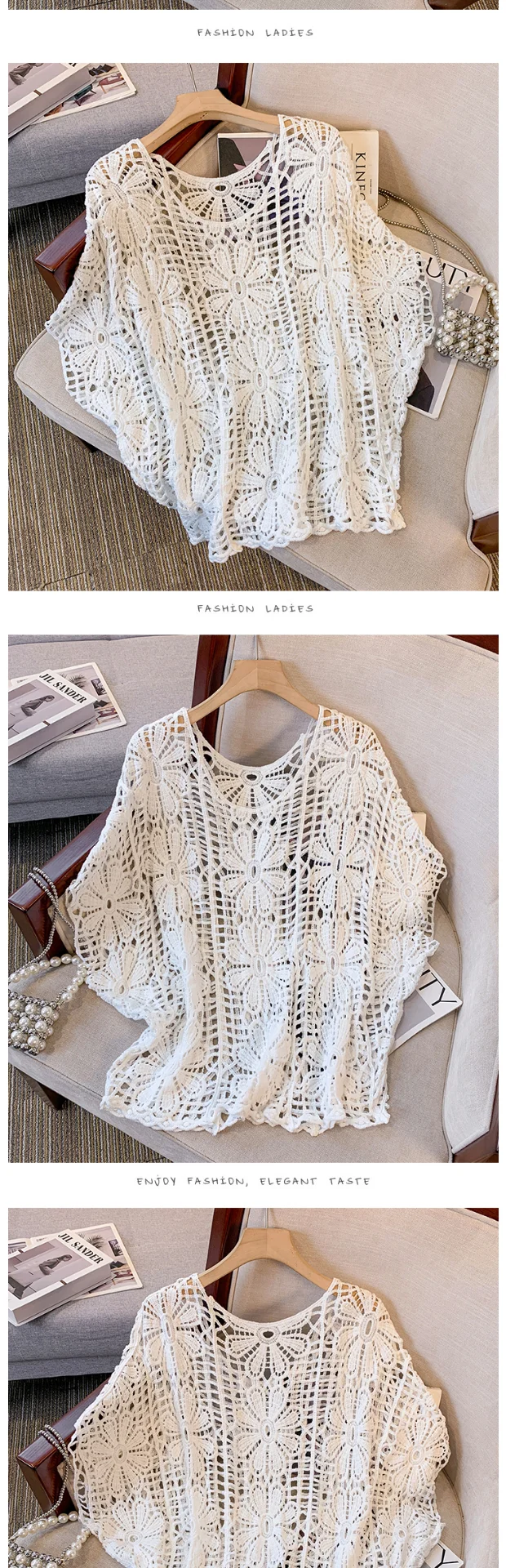 Daisy Crochet Lace Top Batwing Sleeve Hollow-out Floral Openwork Knit Blouse Women Beach Cover-up Spring Summer 2026 Boho