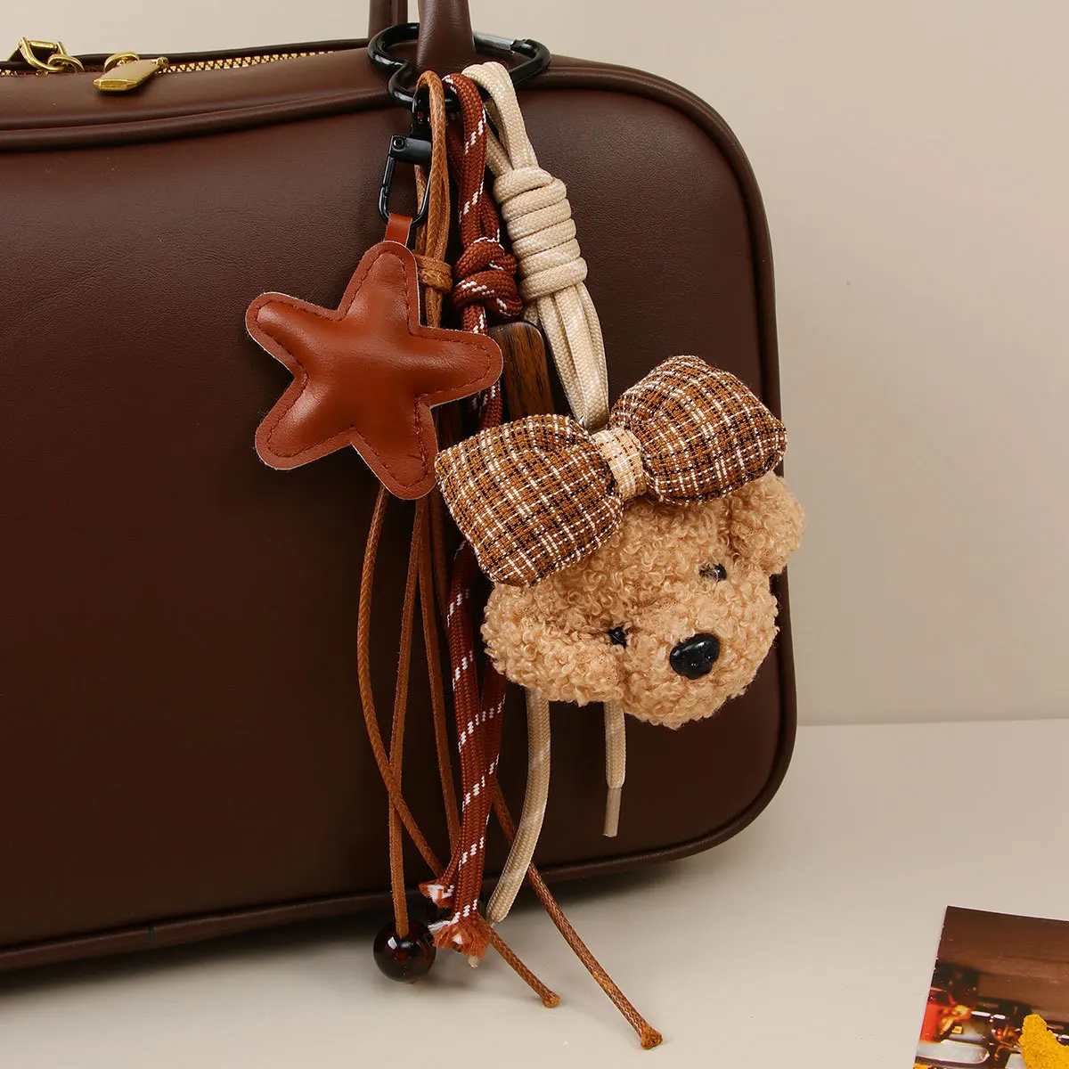 Cute Bowknot Plush Little Dog Pendant Keychain Five Pointed Star Woven Rope Design Bag Hanging Piece INS Style Accessories Gift