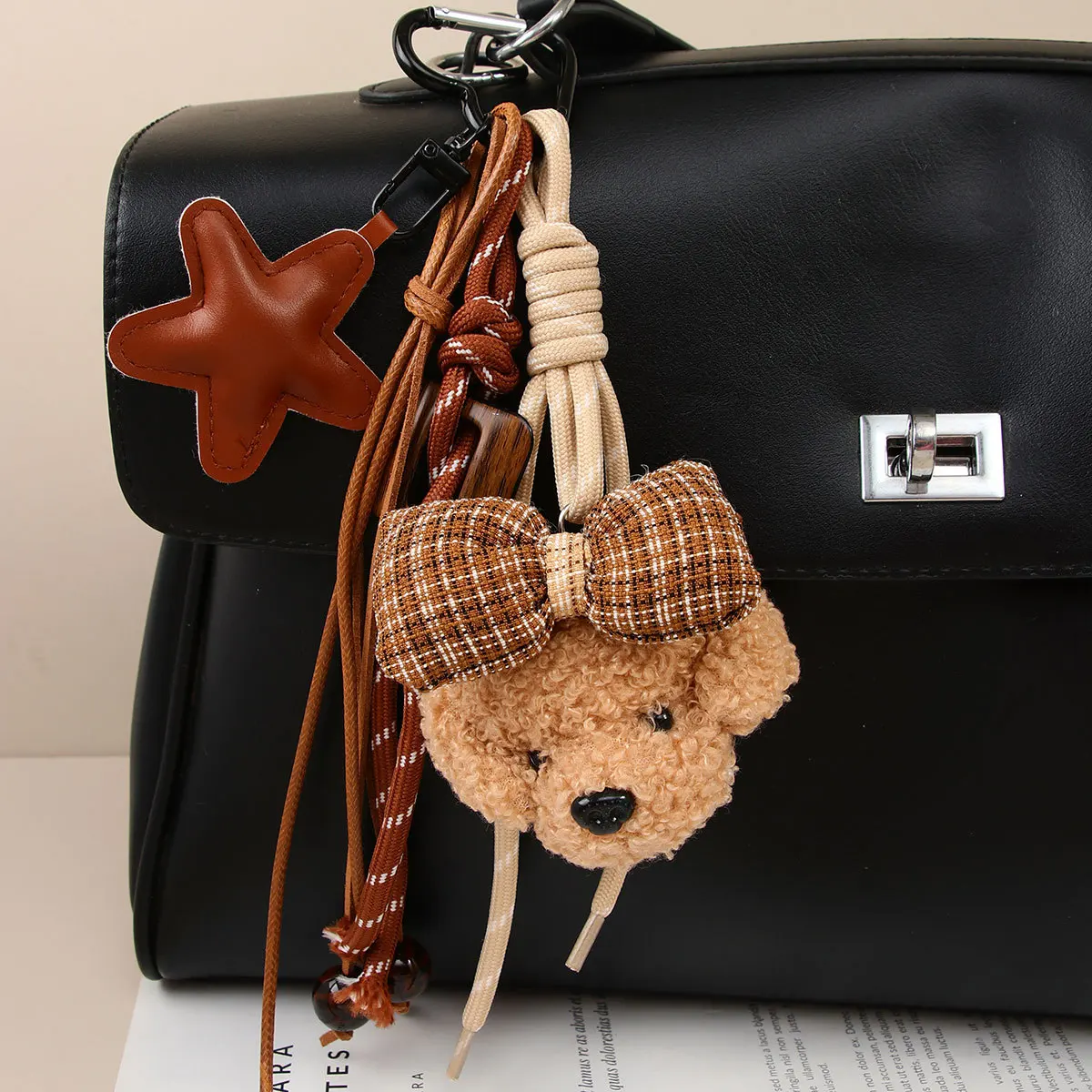 Cute Bowknot Plush Little Dog Pendant Keychain Five Pointed Star Woven Rope Design Bag Hanging Piece INS Style Accessories Gift
