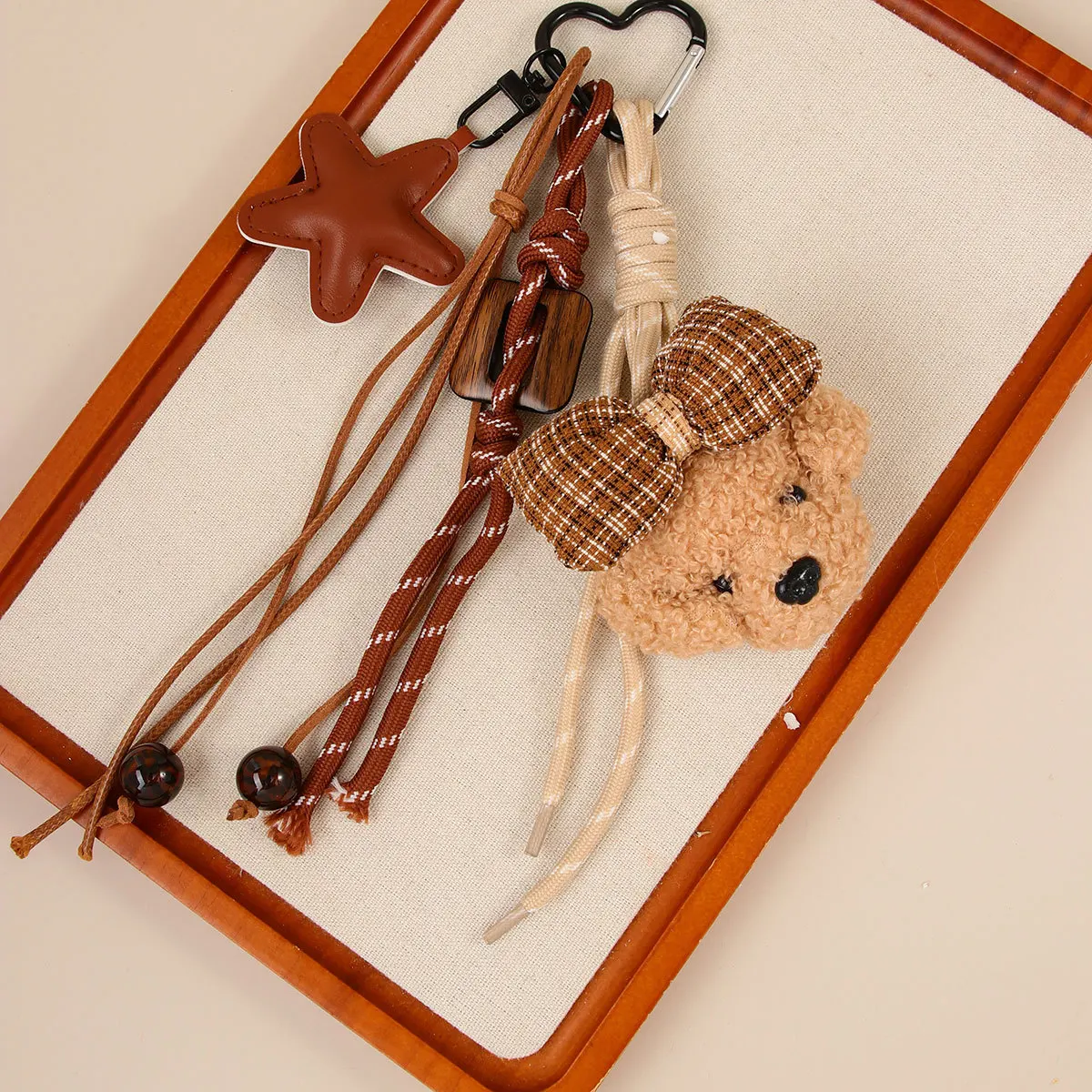Cute Bowknot Plush Little Dog Pendant Keychain Five Pointed Star Woven Rope Design Bag Hanging Piece INS Style Accessories Gift