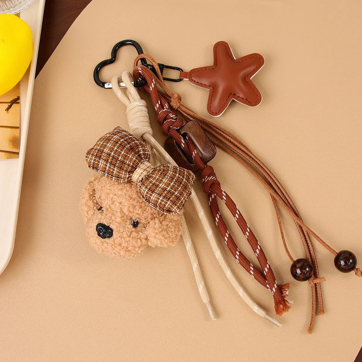 Cute Bowknot Plush Little Dog Pendant Keychain Five Pointed Star Woven Rope Design Bag Hanging Piece INS Style Accessories Gift