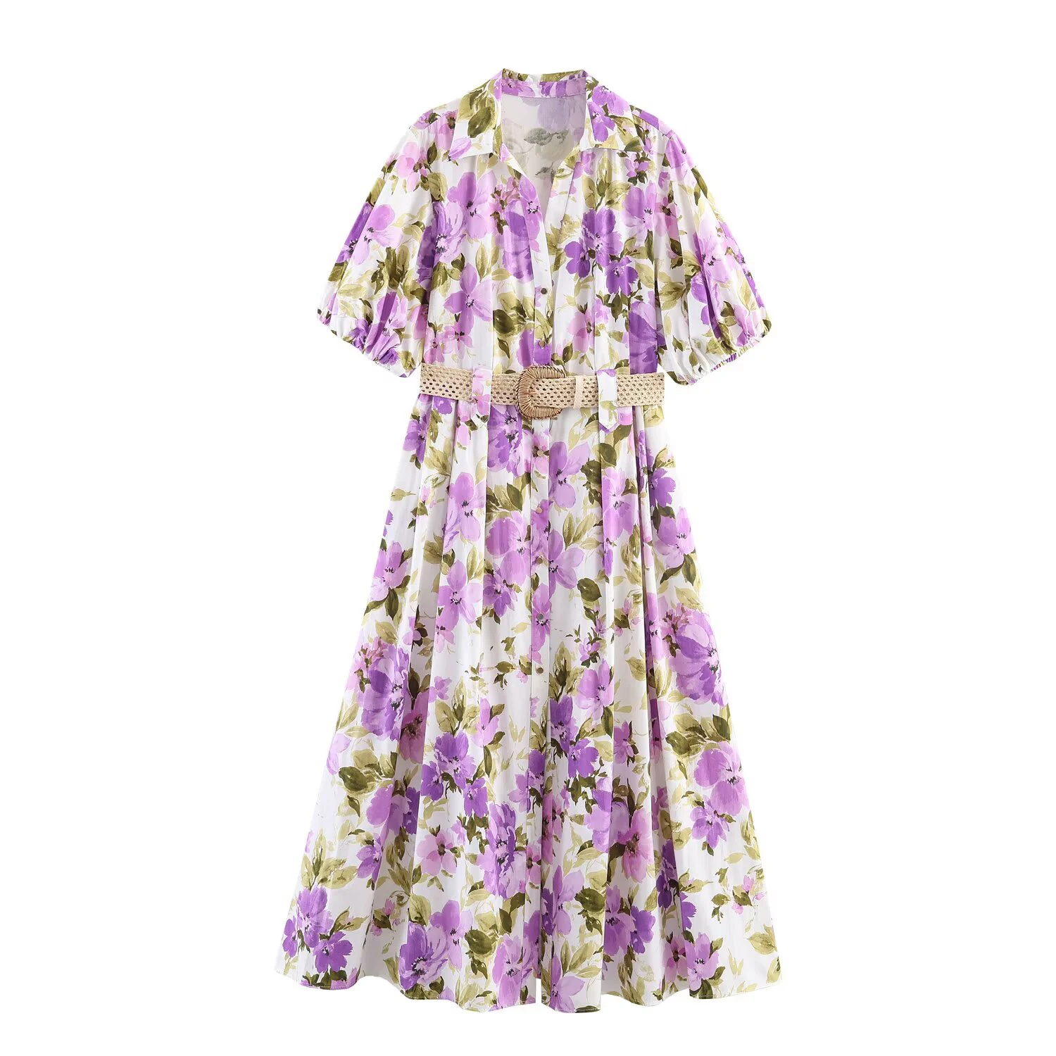 European and American style spring and summer new women's clothing with waist belt and flower print medium long dress