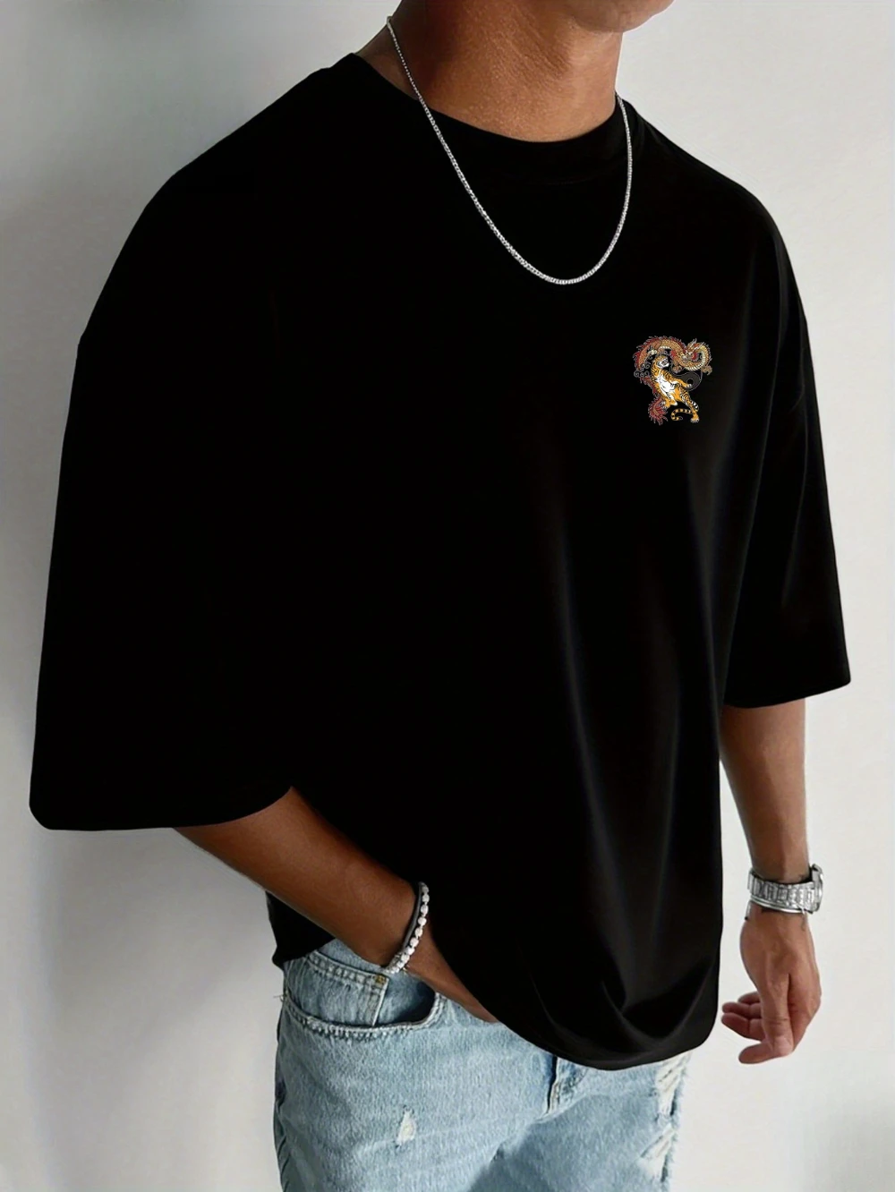Men's T-Shirt with "Dragon and Tiger" Heat Transfer Print Round Neck Machine Washable Urban Fashion Trendy Top