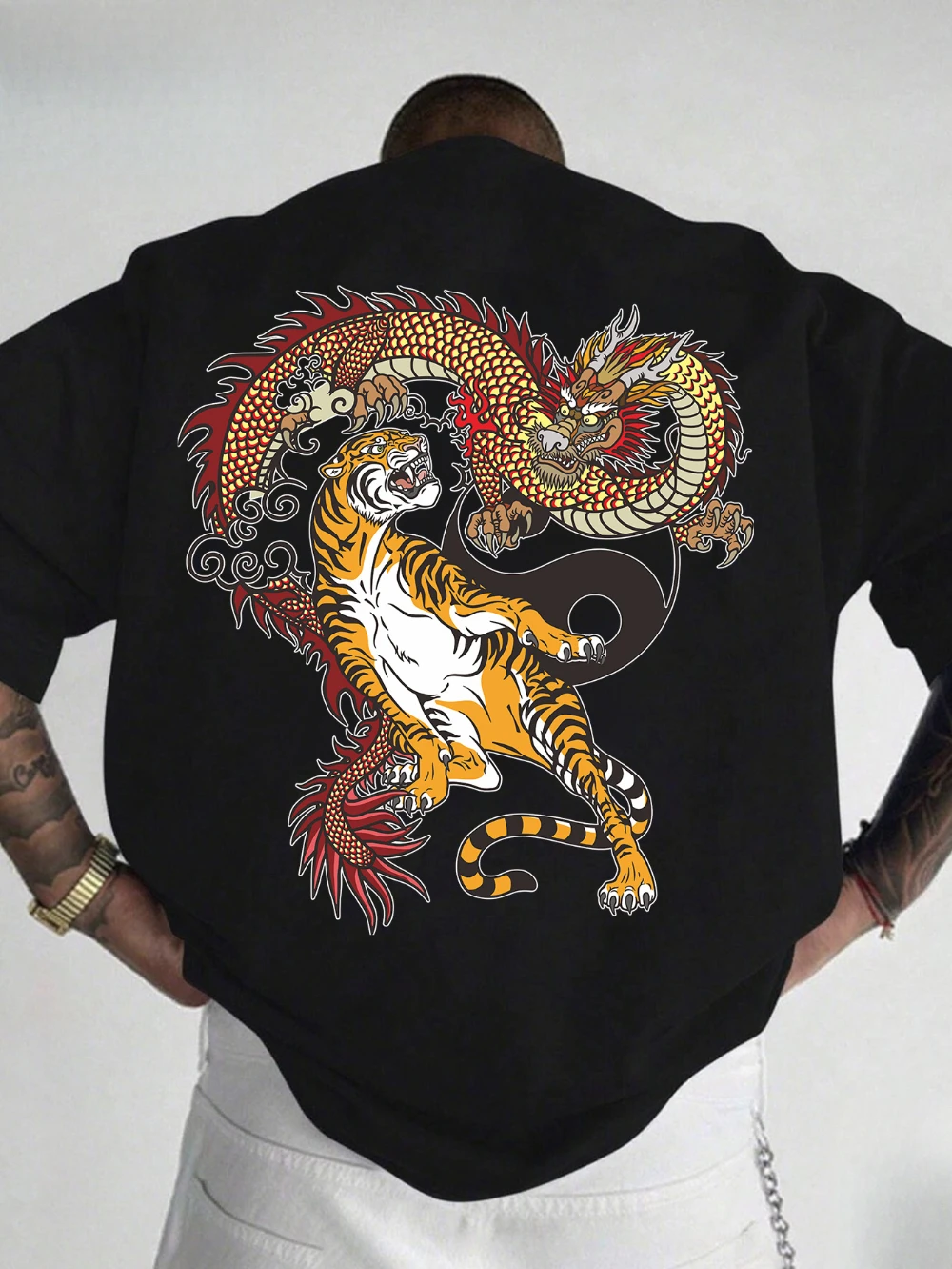 Men's T-Shirt with "Dragon and Tiger" Heat Transfer Print Round Neck Machine Washable Urban Fashion Trendy Top