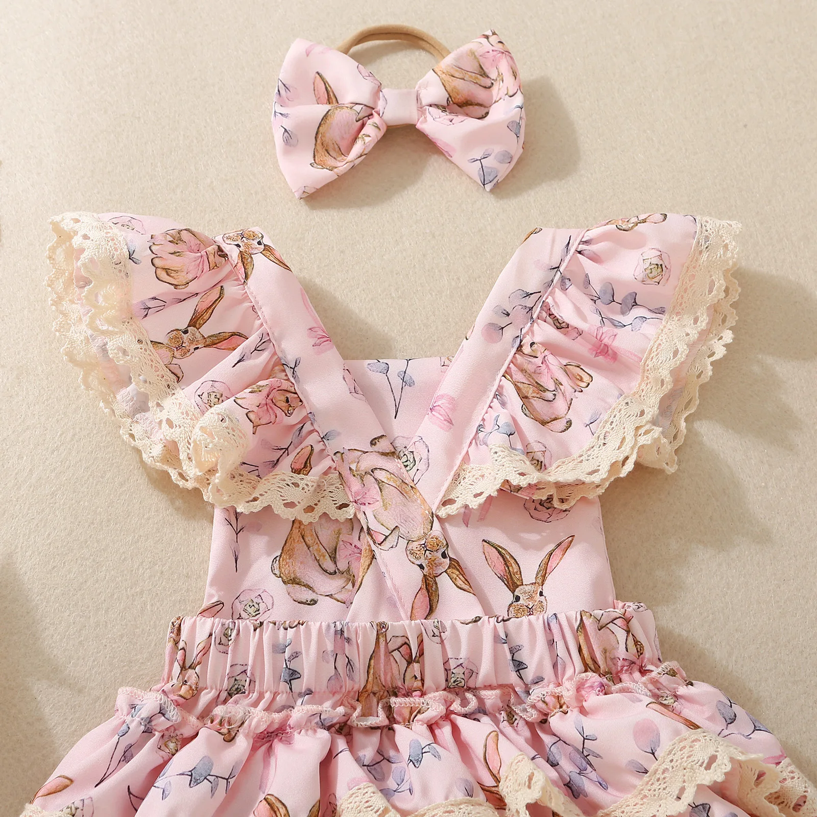 Summer female infants hot-selling cute rabbit flower print triangular jersey skirt + bow headgear two-piece set