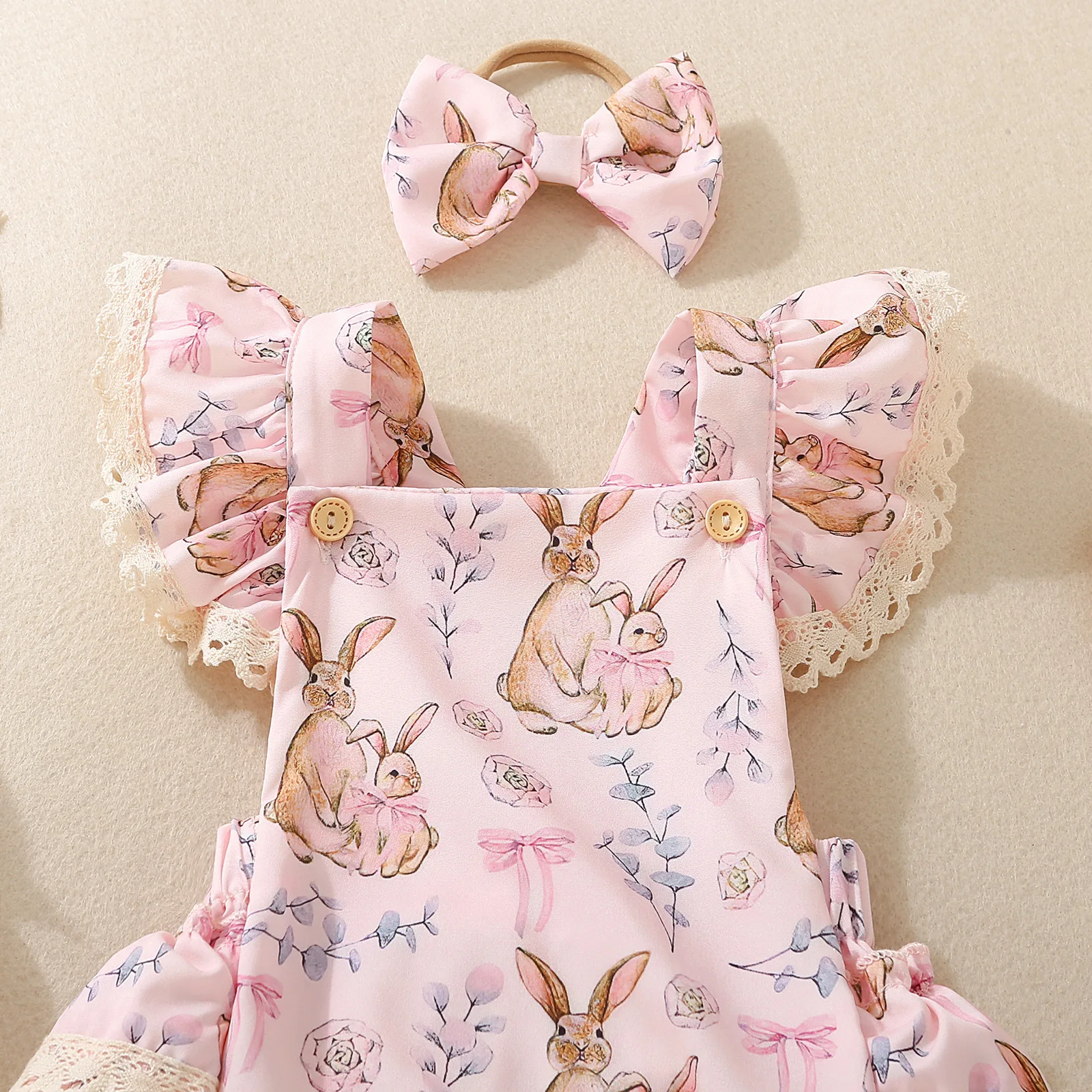 Summer female infants hot-selling cute rabbit flower print triangular jersey skirt + bow headgear two-piece set