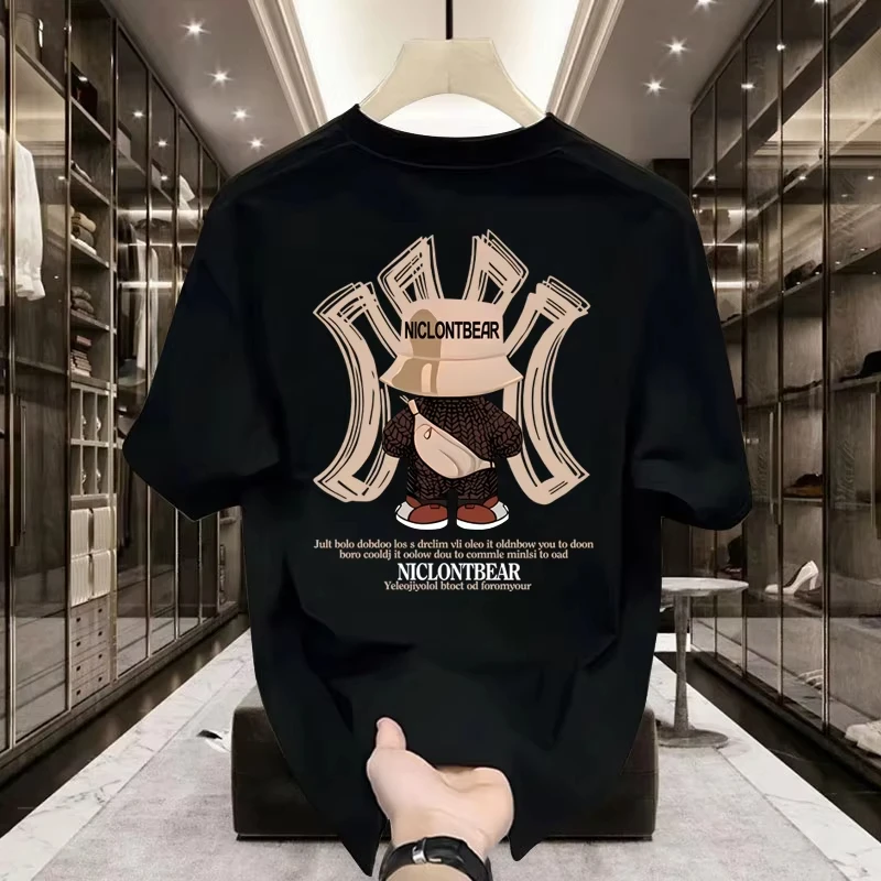 Fashion Bear Print Heavy Cotton Round Neck Short Sleeve T-shirt Men's Summer American Fashion Brand Ins Half Sleeve Loose Top