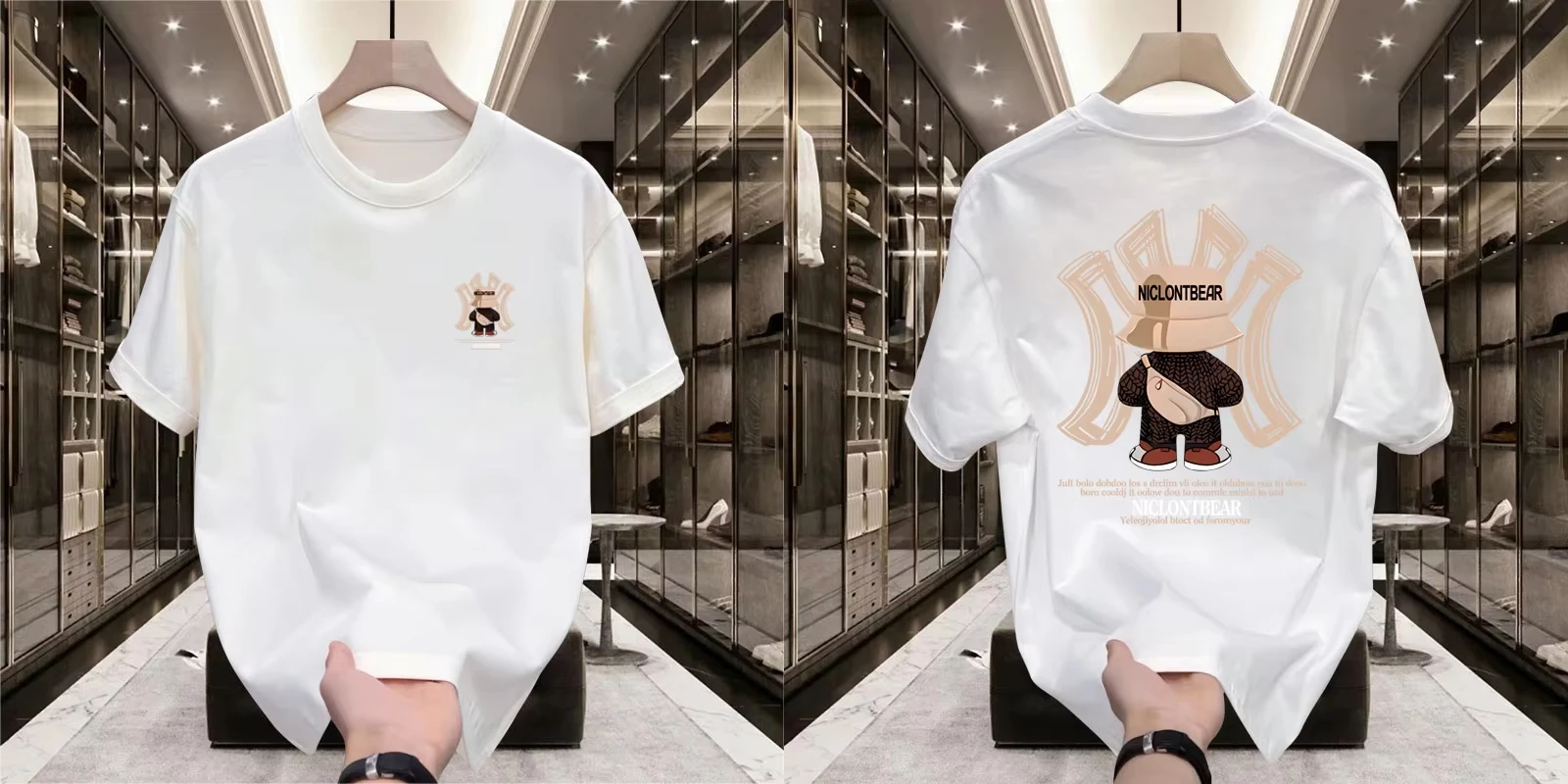 Fashion Bear Print Heavy Cotton Round Neck Short Sleeve T-shirt Men's Summer American Fashion Brand Ins Half Sleeve Loose Top