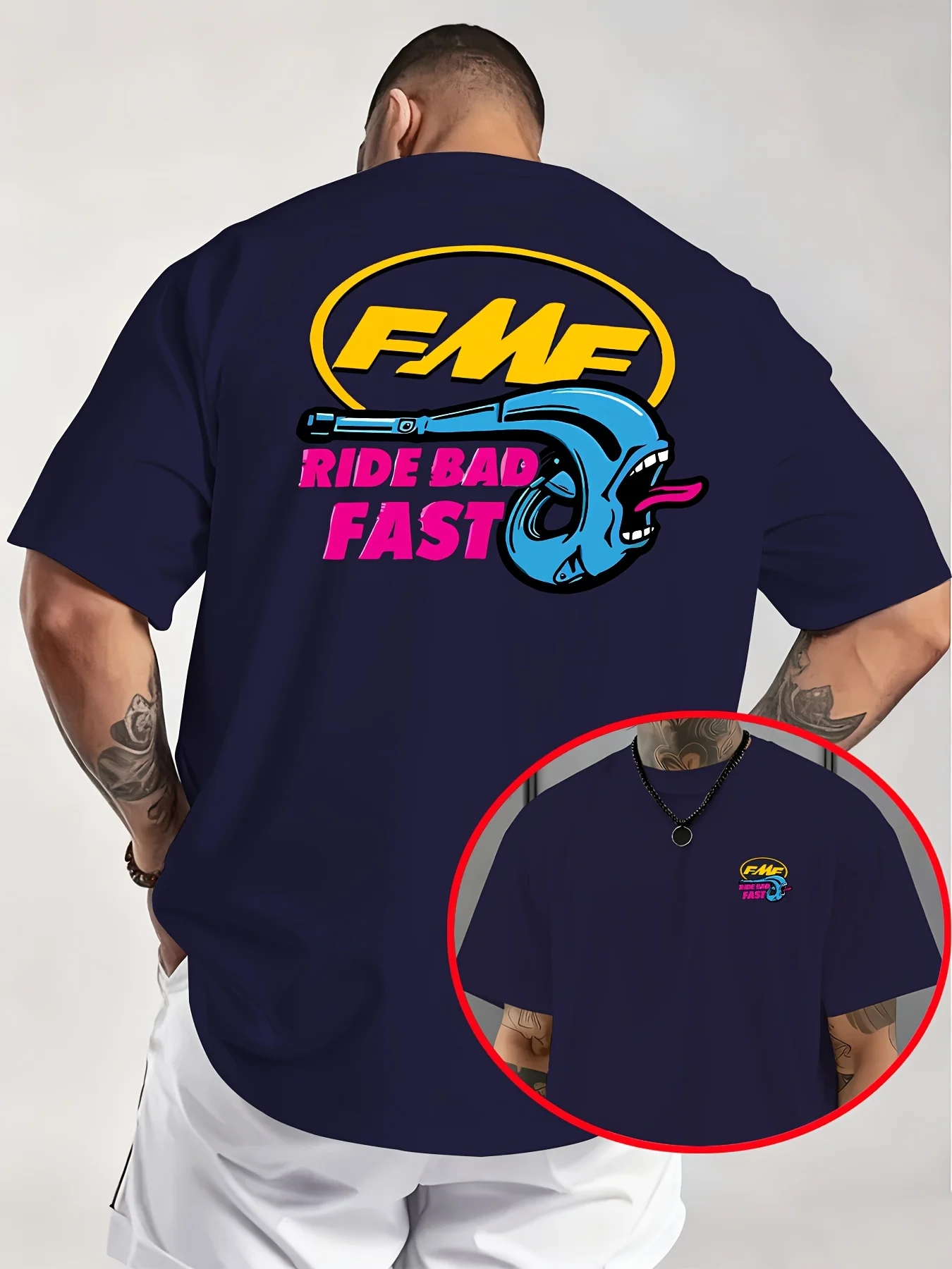 2026 Summer New American Motorcycle Fmf Interesting Exhaust Pipe T-shirt "ride Bad Fast" Knitted Fabric Fresh and Comfortable