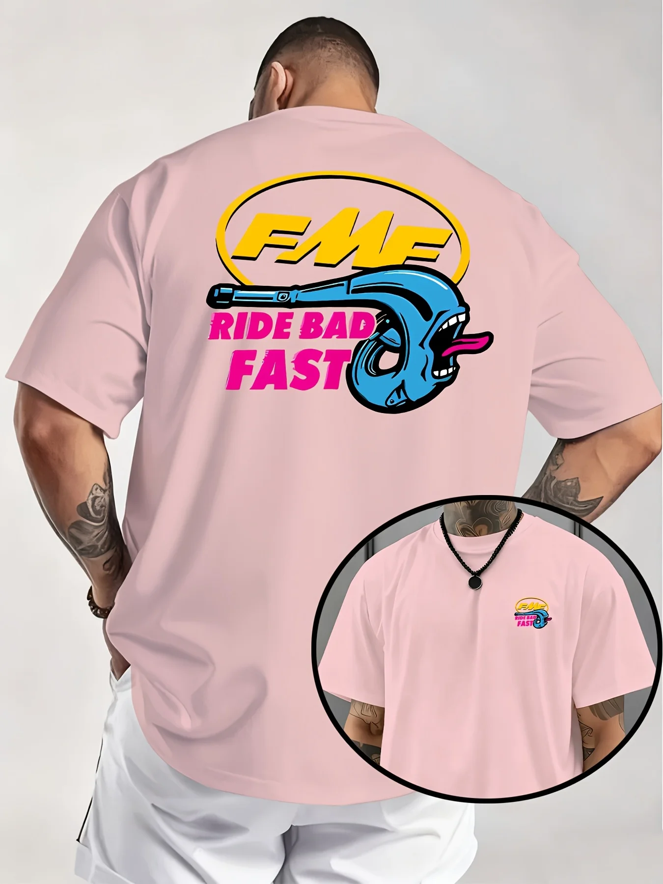 2026 Summer New American Motorcycle Fmf Interesting Exhaust Pipe T-shirt "ride Bad Fast" Knitted Fabric Fresh and Comfortable