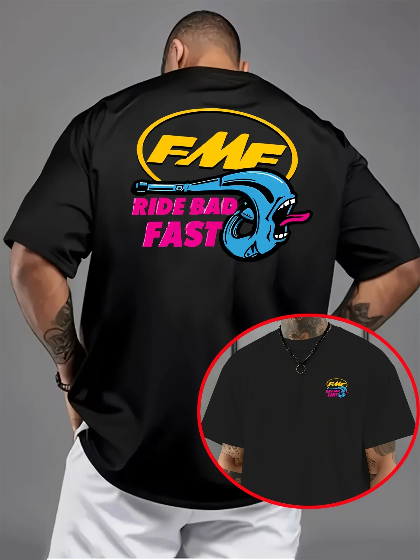 2026 Summer New American Motorcycle Fmf Interesting Exhaust Pipe T-shirt "ride Bad Fast" Knitted Fabric Fresh and Comfortable