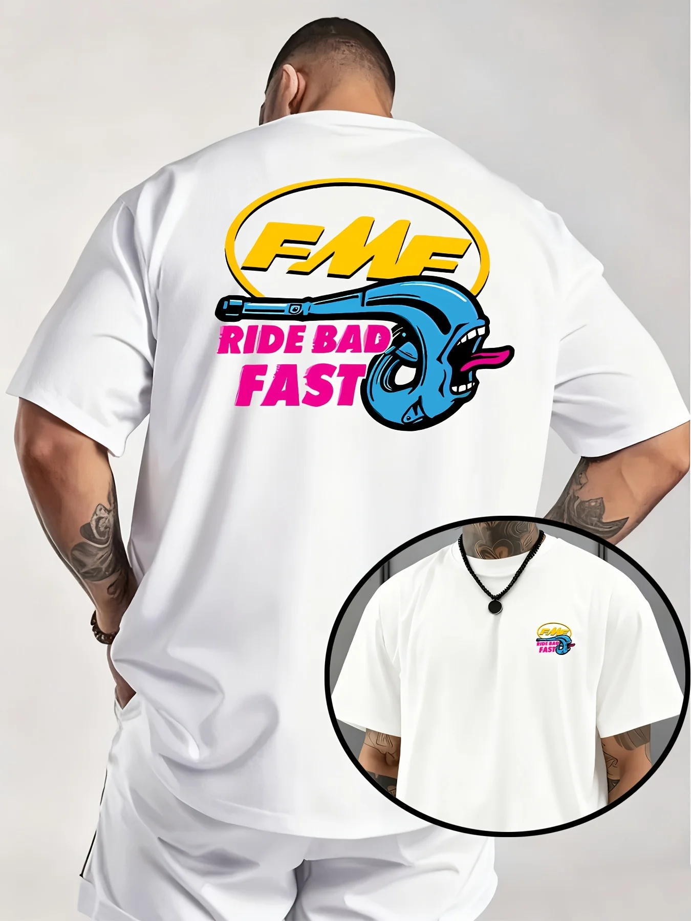 2026 Summer New American Motorcycle Fmf Interesting Exhaust Pipe T-shirt "ride Bad Fast" Knitted Fabric Fresh and Comfortable