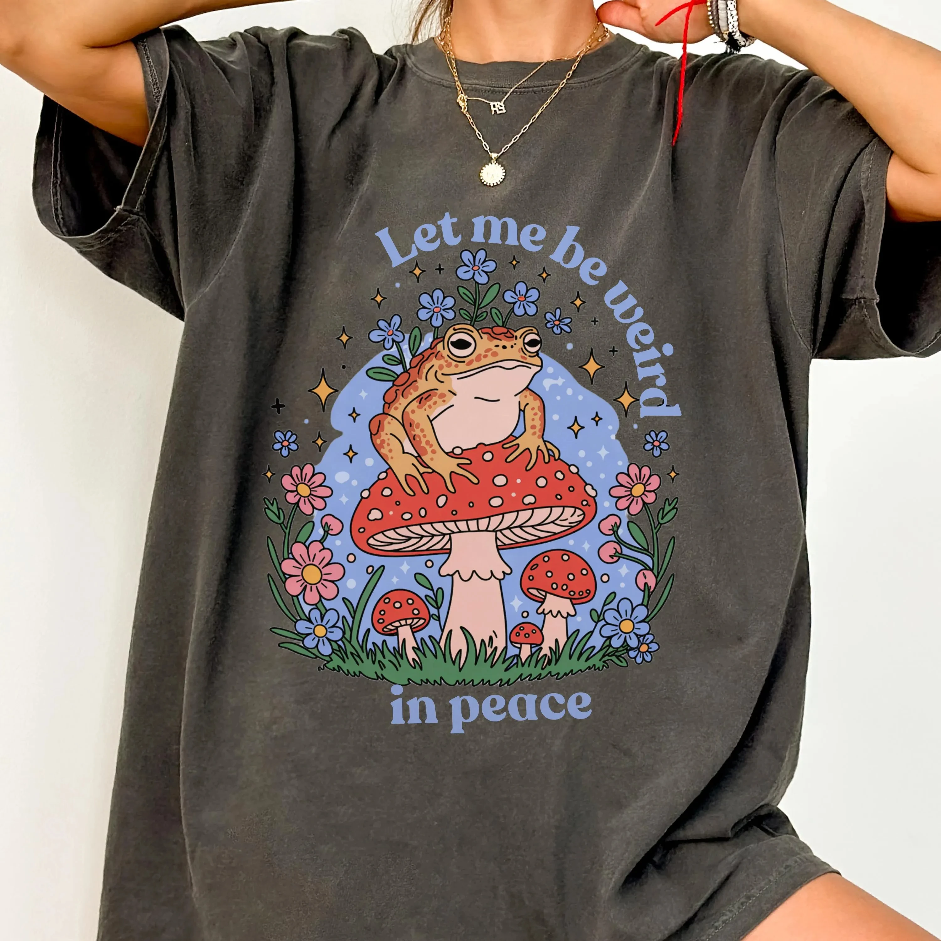 Plus Size Women's Vintage Weird Frog Mushroom Graphic T-Shirt Pure Cotton Breathable Stylish Versatile Street Style Oversized