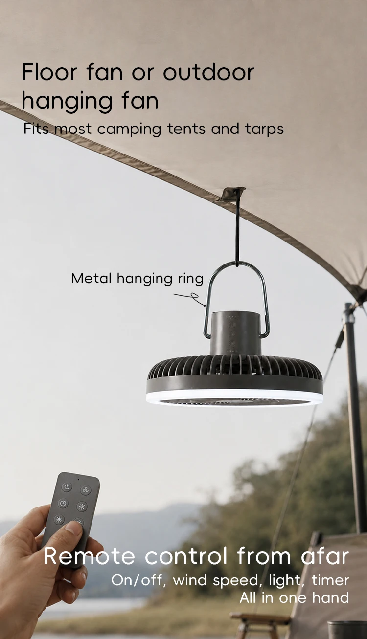 Large Size 10000mAh Outdoor Camping Fan Rechargeable Tent Ceiling Fan Portable Desktop Circulator with Remote Control LED Light