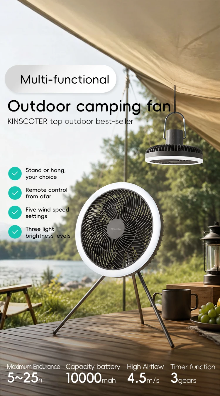 Large Size 10000mAh Outdoor Camping Fan Rechargeable Tent Ceiling Fan Portable Desktop Circulator with Remote Control LED Light
