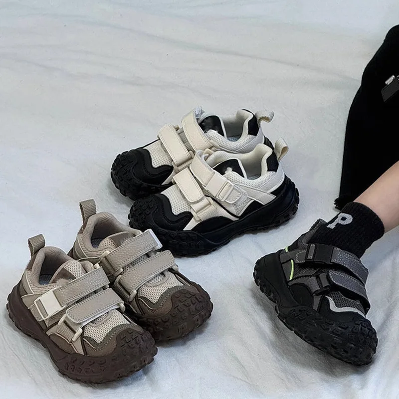 Kids Chunky Sneakers 2026 New Winter Cotton Velcro Shoes with Spiked Lug Sole Anti Slip Tire Bottom Street Style for Boys Girls​