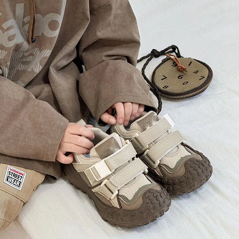 Kids Chunky Sneakers 2026 New Winter Cotton Velcro Shoes with Spiked Lug Sole Anti Slip Tire Bottom Street Style for Boys Girls​
