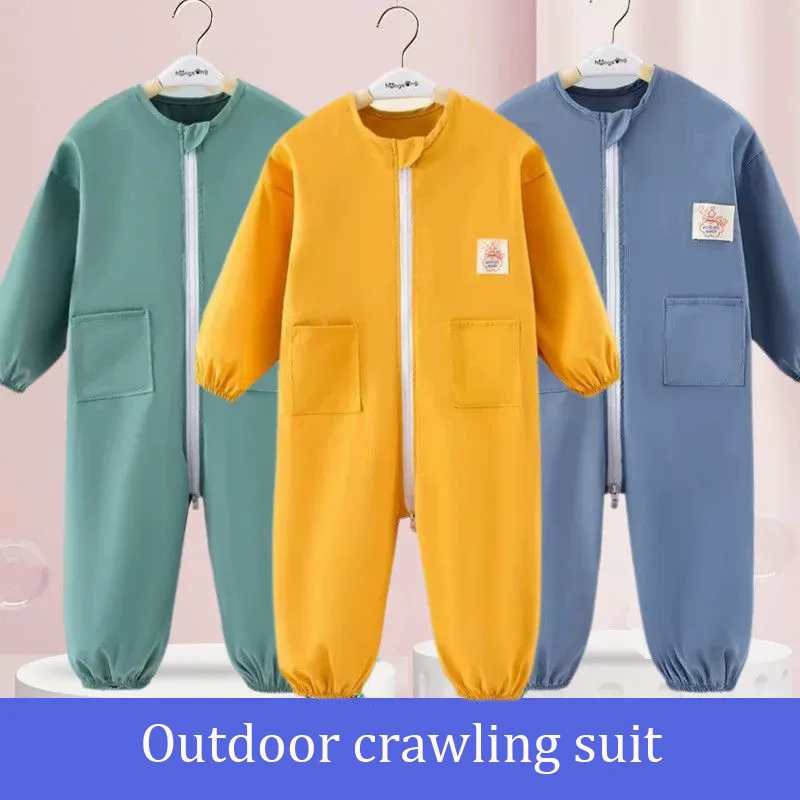 Baby Overall Suit Thin Anti-Dirt Crawling Art Drawing Clothes with Three Zippers Loose Outdoor Coverall for Kids 1-4 Years