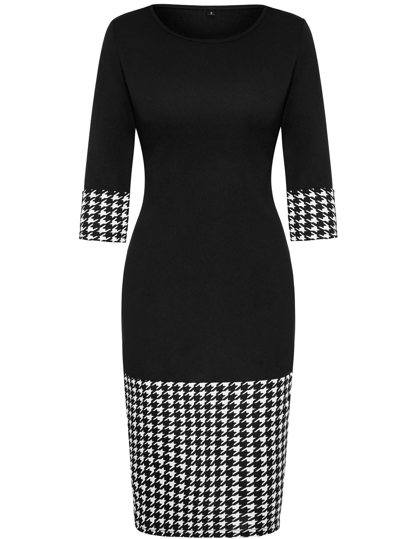 Womens Elegant Crew Neck 2/3 Sleeve Work Office Knee Length Black Business Casual Party Ruched Pencil Bodycon Sheath Dress