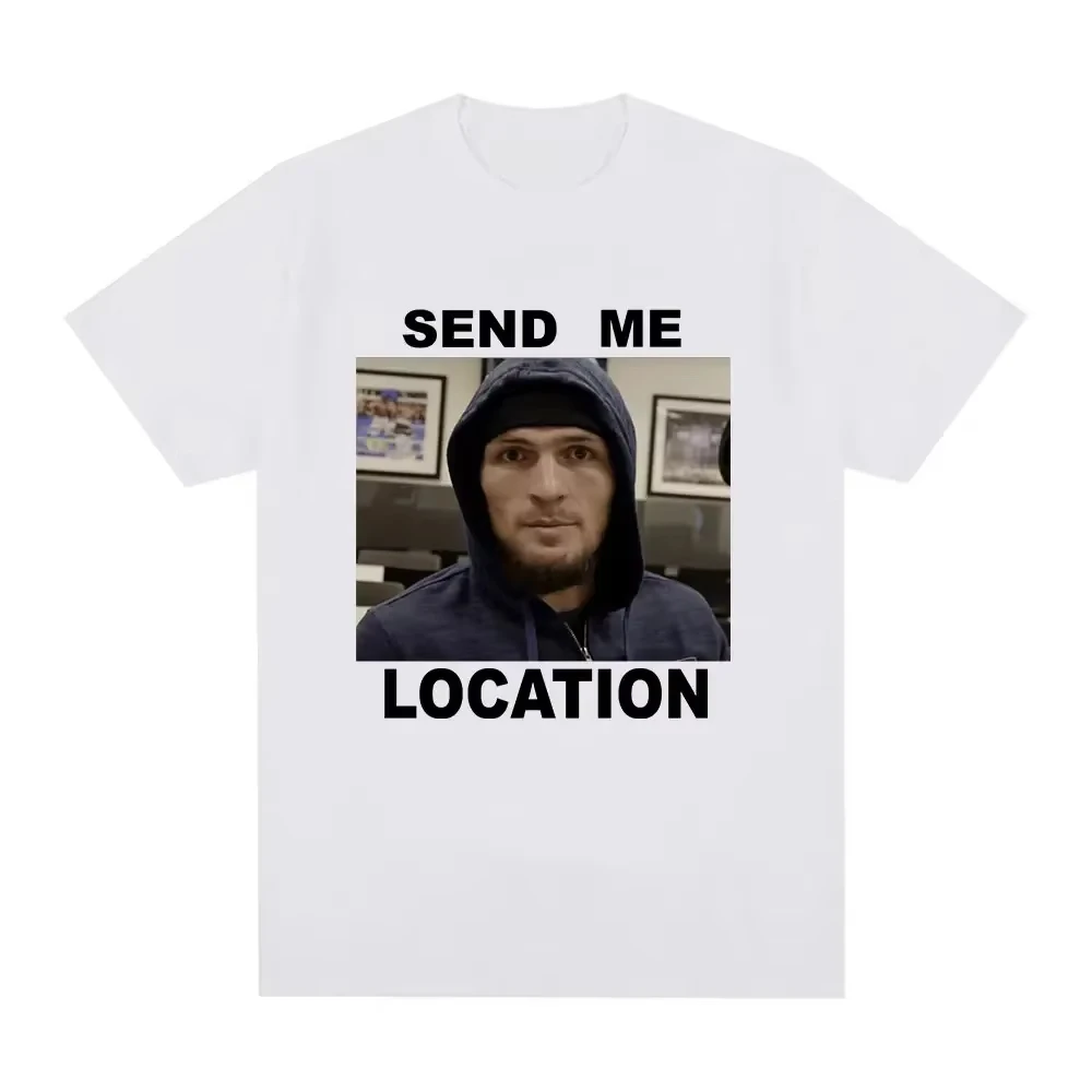 Khabib Send Me Location graphic T-shirt, stylish Harajuku-style short-sleeved T-shirt, hip-hop retro pure cotton loose T-shirt,
