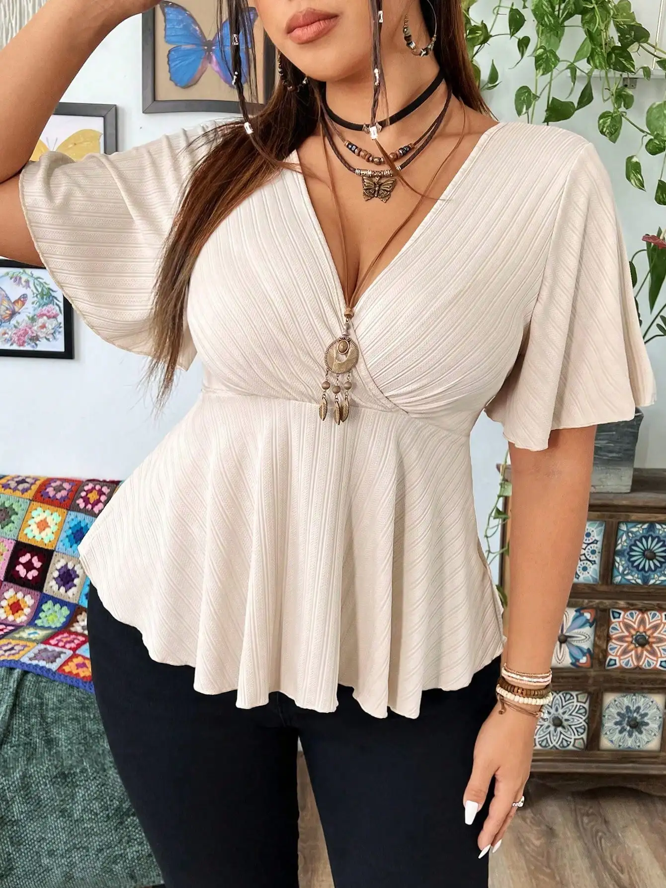 Plus Size Ribbed Knit Tops Deep V Neck Flutter Sleeve Peplum Blouse Curved Hem Casual Tops