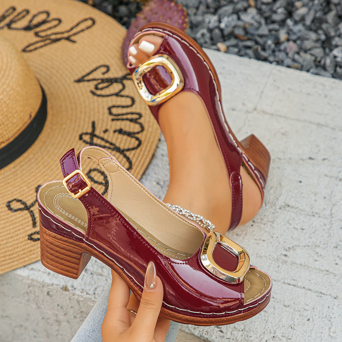 Sexy Patent Leather Thick High Heeled Sandals Women Metal Ring Peep Toe Platform Sandles Woman Back Strap Summer Snadalias Mujer