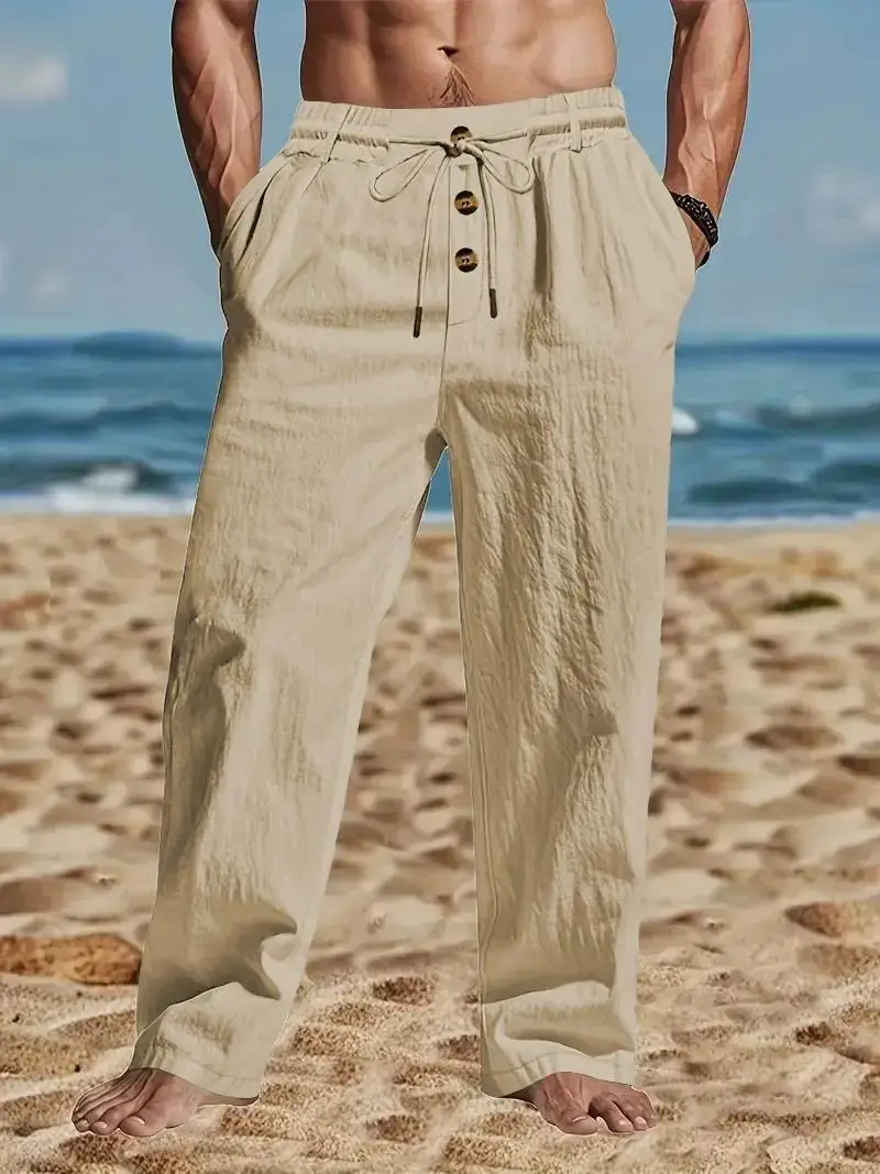 New Men's Cotton and Linen Casual Breathable Pants, Fashionable Street Sport Pants, Beach and Outdoor Loose Straight Pants
