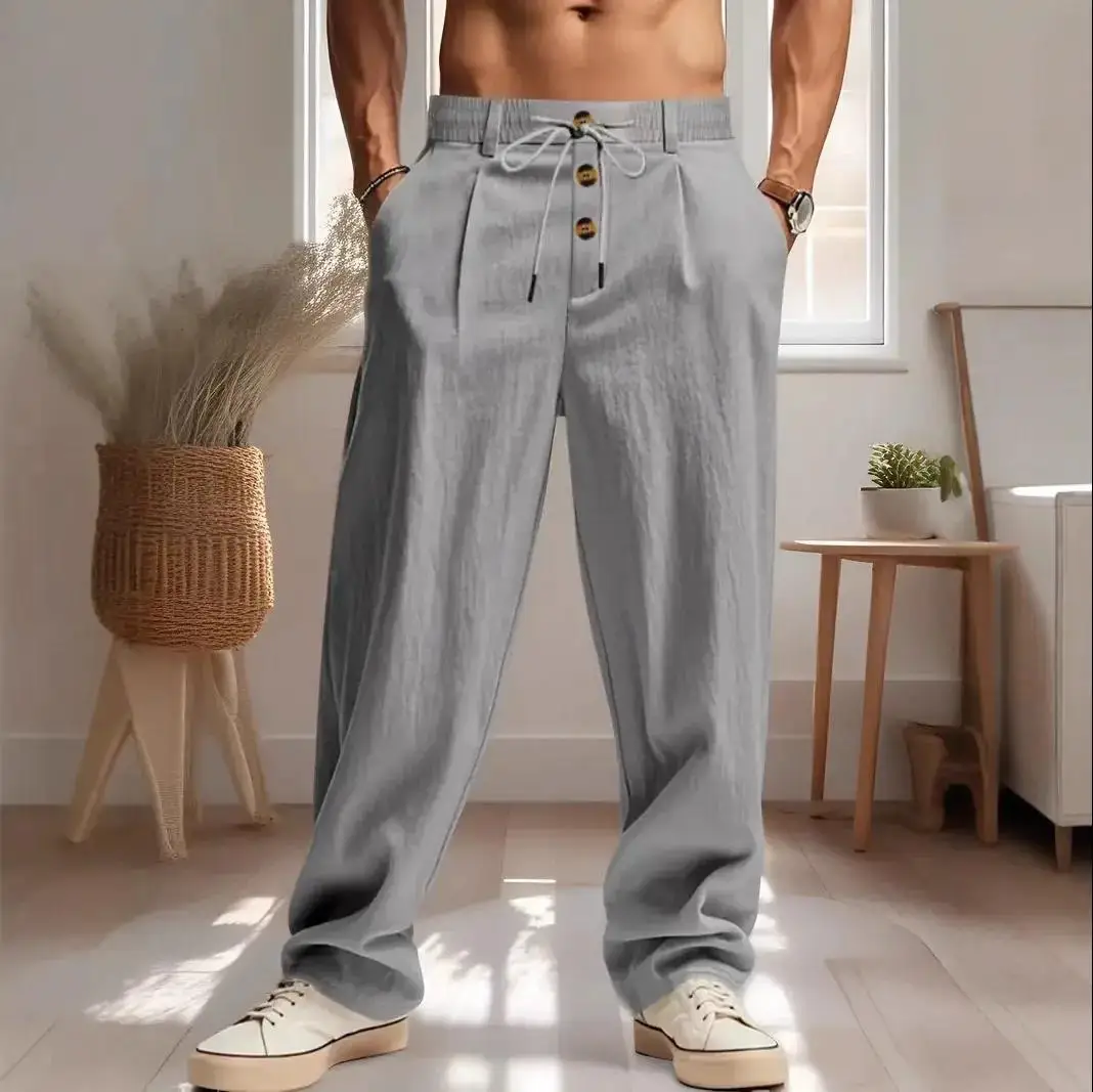 New Men's Cotton and Linen Casual Breathable Pants, Fashionable Street Sport Pants, Beach and Outdoor Loose Straight Pants