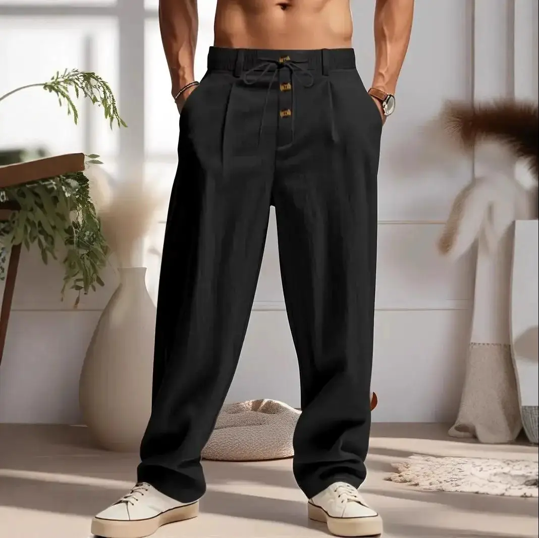 New Men's Cotton and Linen Casual Breathable Pants, Fashionable Street Sport Pants, Beach and Outdoor Loose Straight Pants