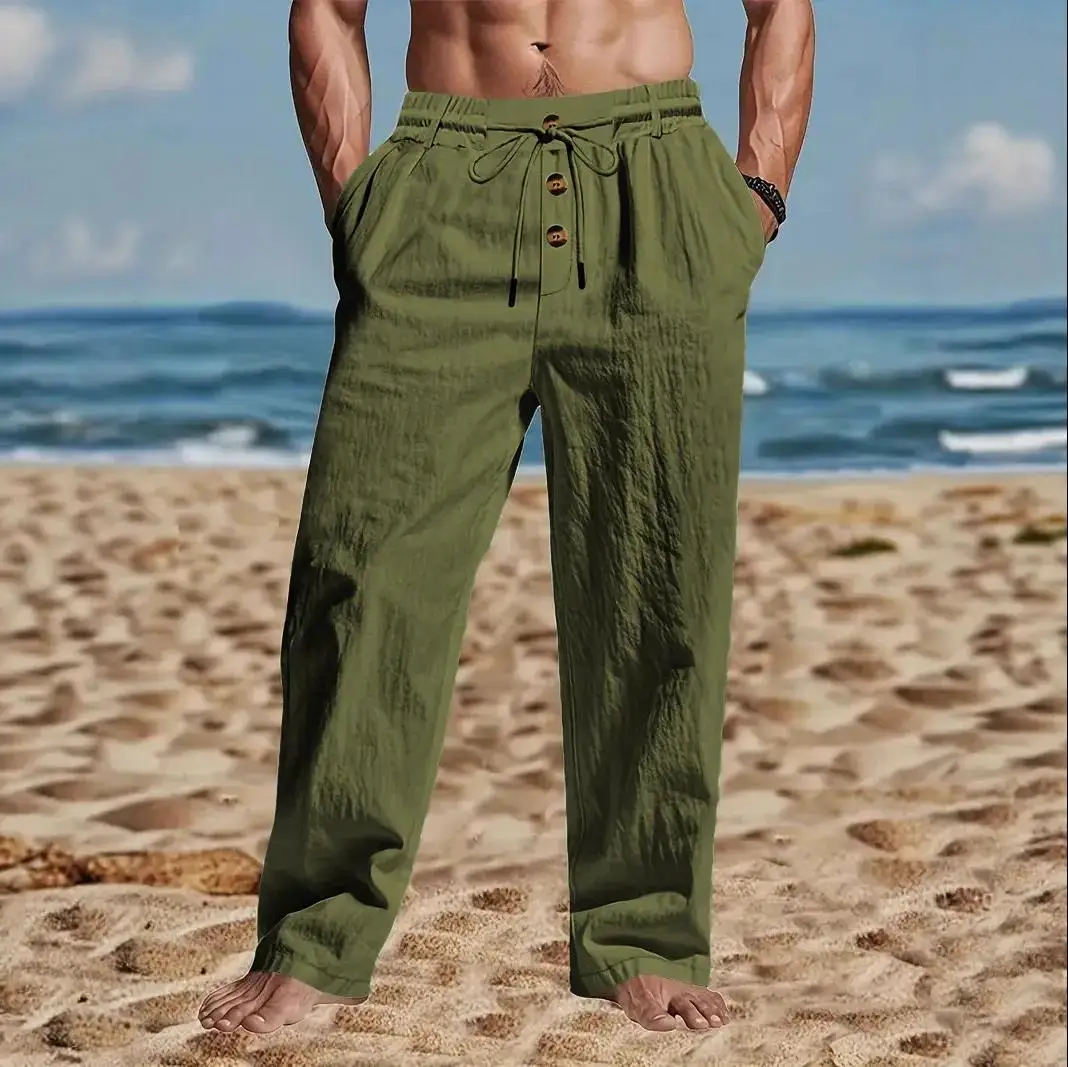 New Men's Cotton and Linen Casual Breathable Pants, Fashionable Street Sport Pants, Beach and Outdoor Loose Straight Pants