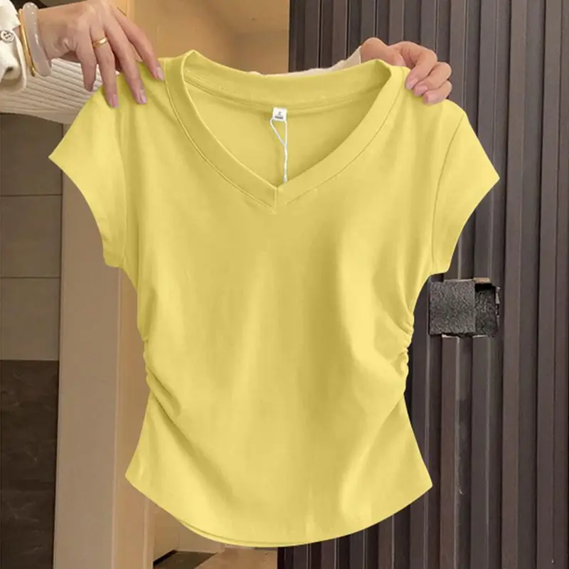 Summer Women's Short Sleeved T-shirt Solid Color Slim Fit V-neck Lightweight and Slimming Casual Versatile Basic Women's Top