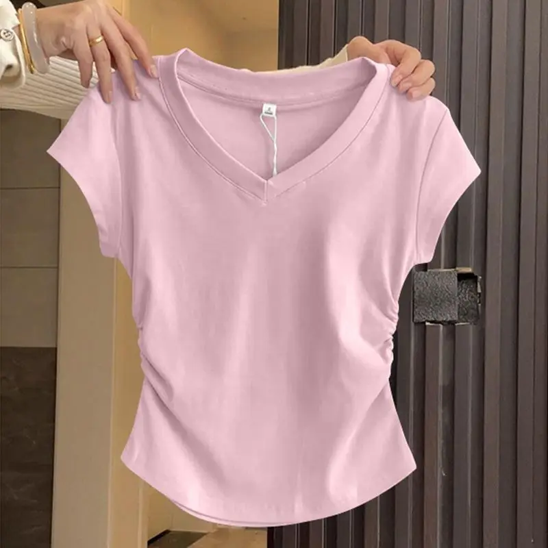 Summer Women's Short Sleeved T-shirt Solid Color Slim Fit V-neck Lightweight and Slimming Casual Versatile Basic Women's Top